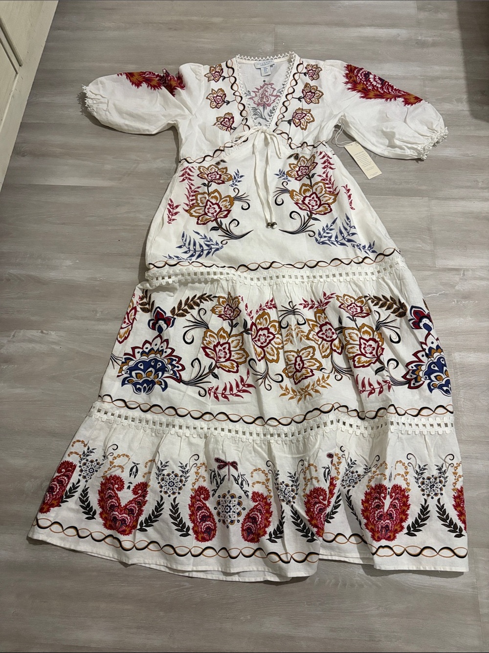 Calypso St. Barth White Maxi Dress with Red, Gold, Blue & Pink Embroidery